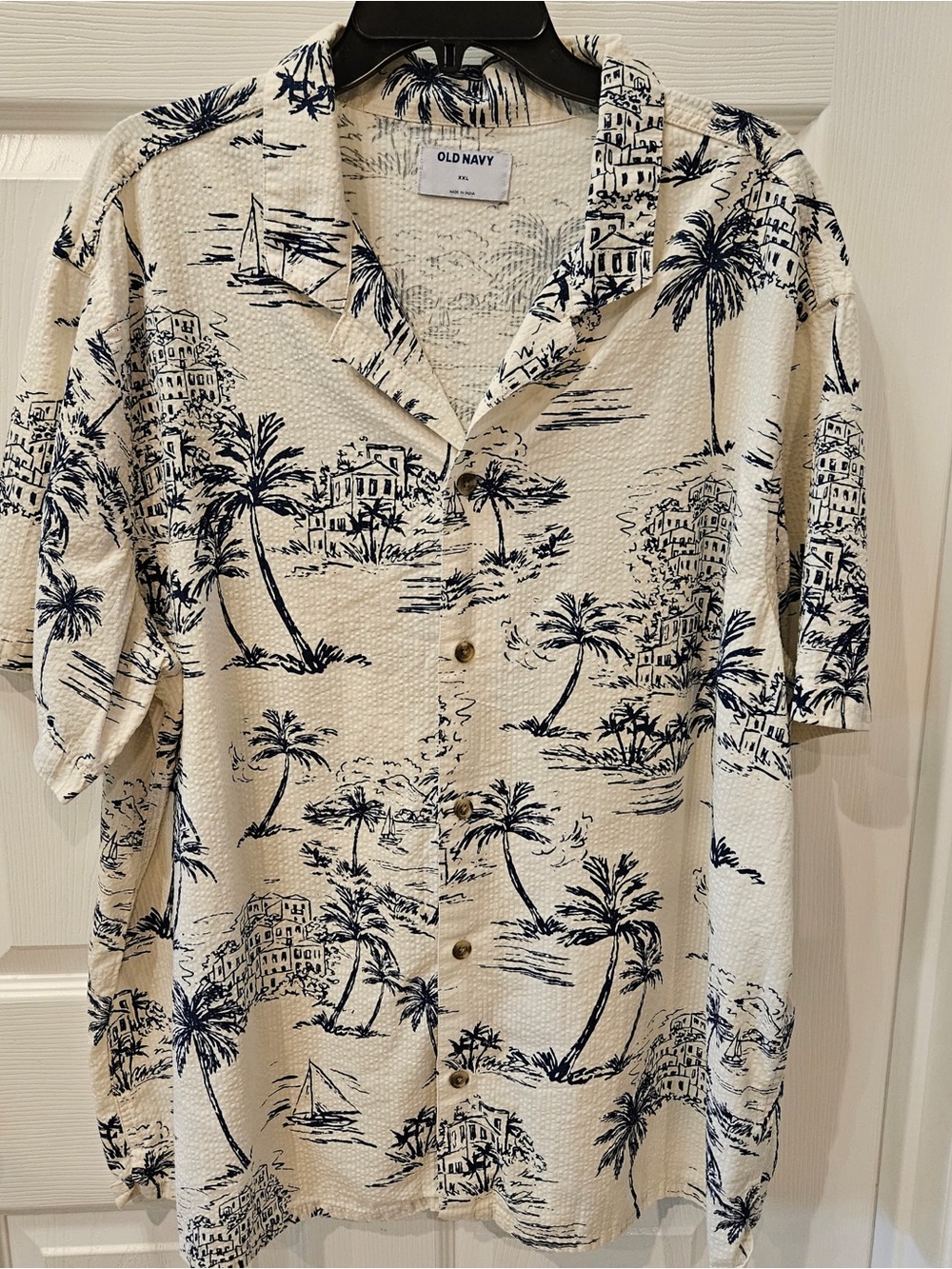 Old Navy Men's XXL Hawaiian Shirt Camp Collar Palm Blue Cream Textured Aloha